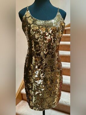 Gold Sequins Cocktail Dress, 1980s Disco Vintage